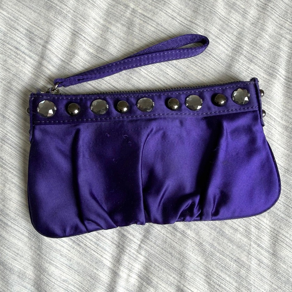 Express Purple Satin Wristlet Women Small Rhinestone Studded Pleated Clutch